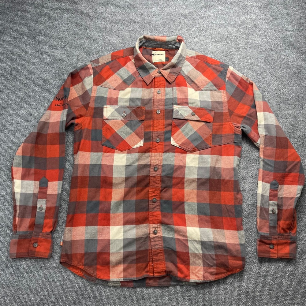 Simms Mens Plaid Flannel Shirt Medium Red Grey North Star Resort Fishing Outdoor